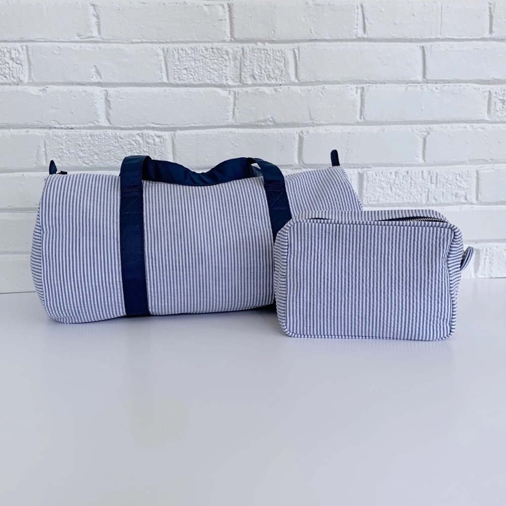 Navy Blue Seersucker and Duffel Bag Combo Set. New